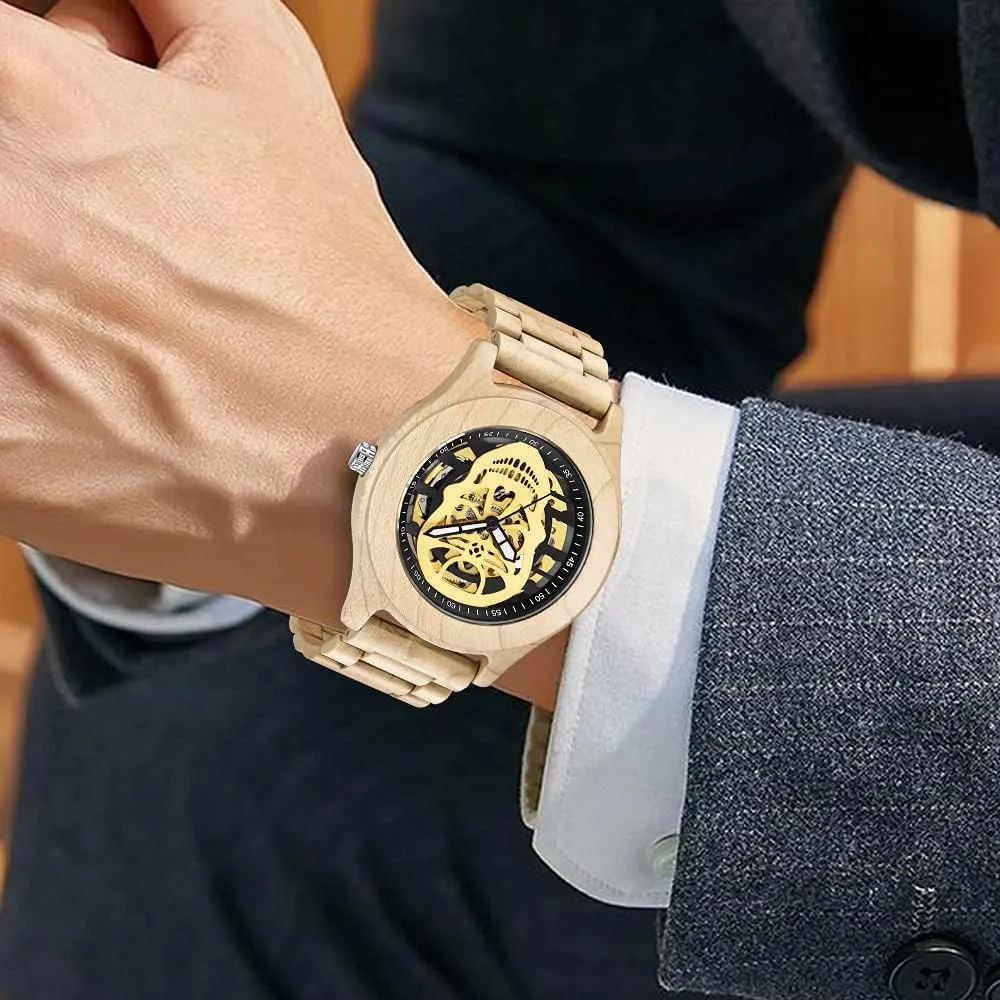 Tiong No Battery Fashion Mechanical Wooden Watch for Men, Mechanical Movement Wooden Strap Men's Watch for Father's Day, Birthday