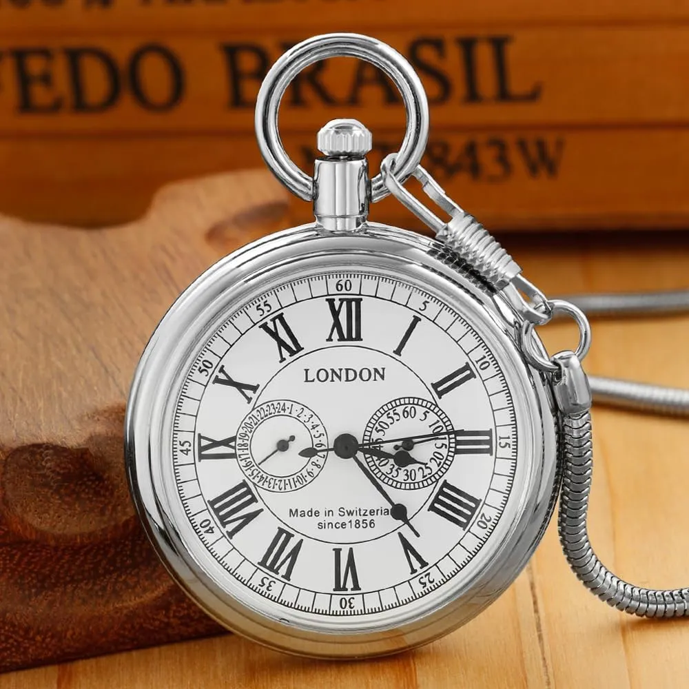 Tiong Vintage Copper Stainless Steel London Design Mechanical Hand-Wind Pocket Watch Mens Watches