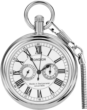 Tiong Vintage Copper Stainless Steel London Design Mechanical Hand-Wind Pocket Watch Mens Watches