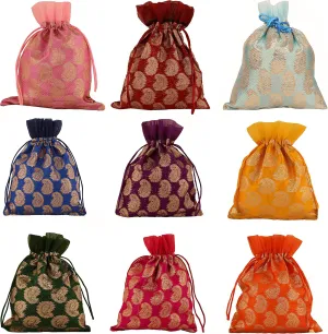 Touchstone Drawstring Bags Traditional Indian Handcrafted in Paisley Pattern Brocade fabric. Perfect for Gifts Jewelry Weddings Sweet Distribution Set of 9 Vibrant Multicolor Pouches Purses Potli.