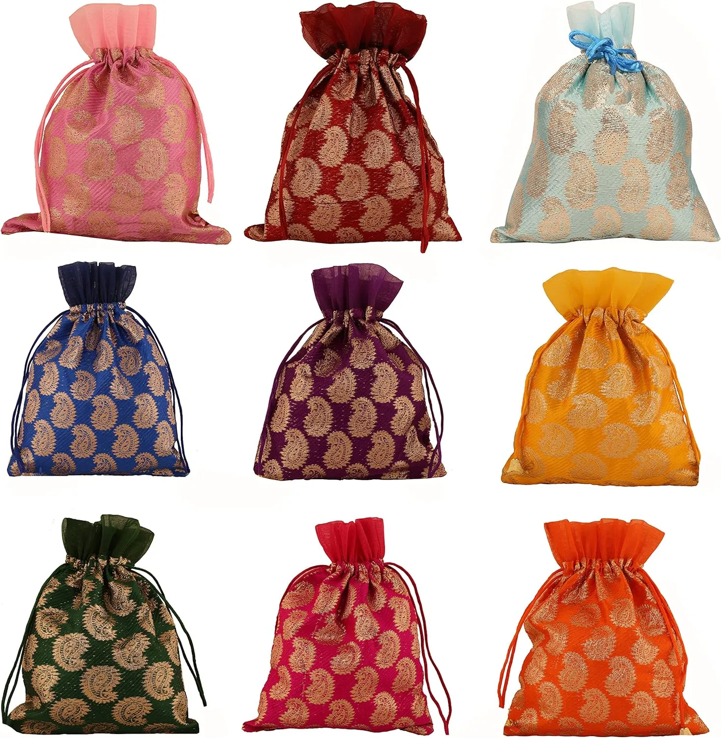 Touchstone Drawstring Bags Traditional Indian Handcrafted in Paisley Pattern Brocade fabric. Perfect for Gifts Jewelry Weddings Sweet Distribution Set of 9 Vibrant Multicolor Pouches Purses Potli.