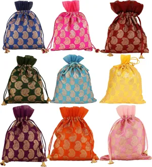 Touchstone Drawstring Bags Traditional Indian Handcrafted in Paisley Pattern Brocade fabric. Perfect for Gifts Jewelry Weddings Sweet Distribution Set of 9 Vibrant Multicolor Pouches Purses Potli