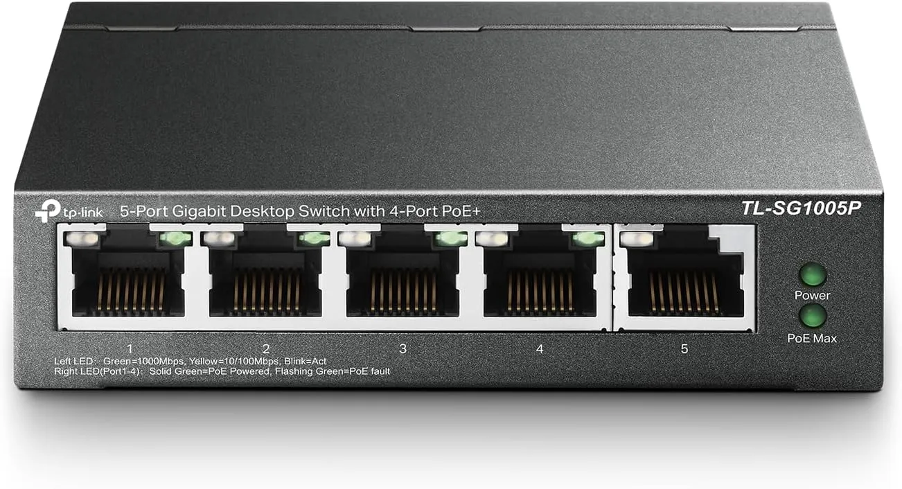 TP-Link TL-SG1005P, 5 Port Gigabit PoE Switch, 4 PoE  Ports @65W, Desktop, Plug & Play, Sturdy Metal w/ Shielded Ports, Fanless, QoS & IGMP Snooping,black