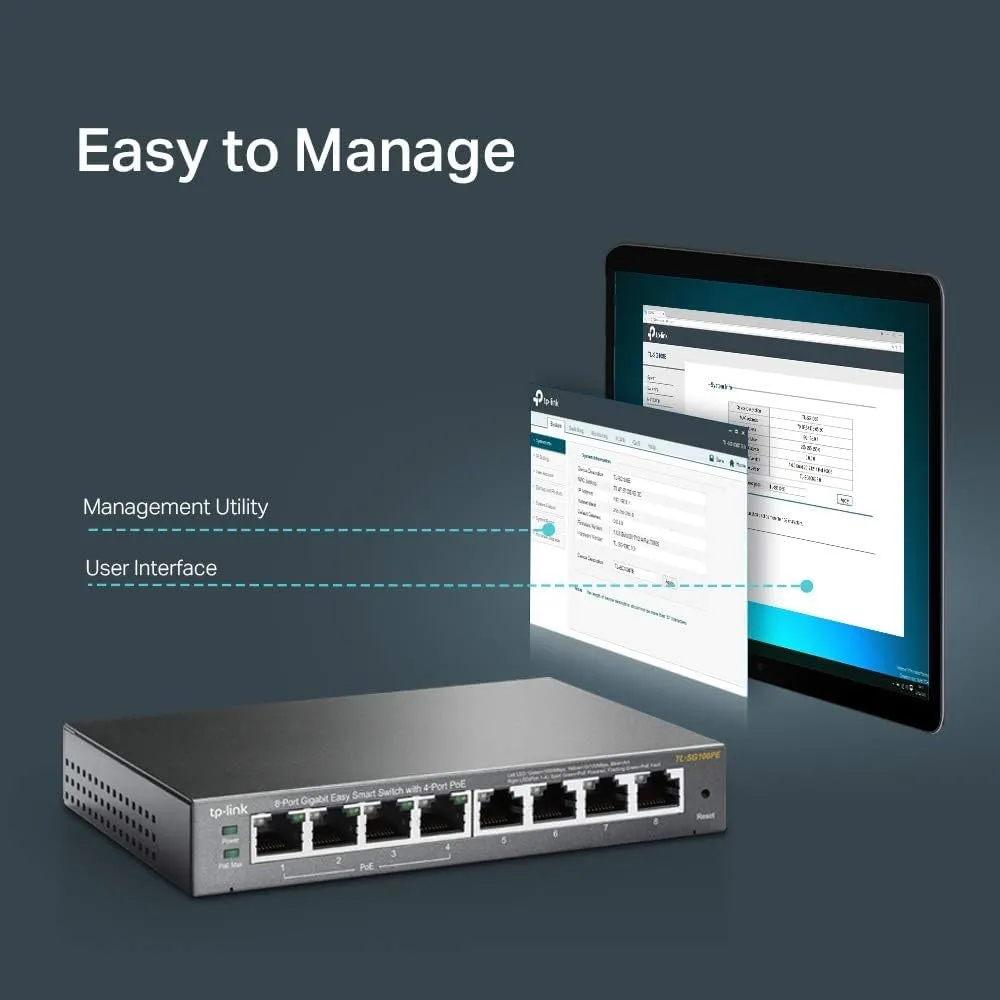 TP-Link TL-SG108PE, 8 Port Gigabit PoE Switch, Easy Smart Managed, 4 PoE  Ports 64W, Plug & Play, Sturdy Metal w/ Shielded Ports, Fanless, QoS, Vlan & IGMP