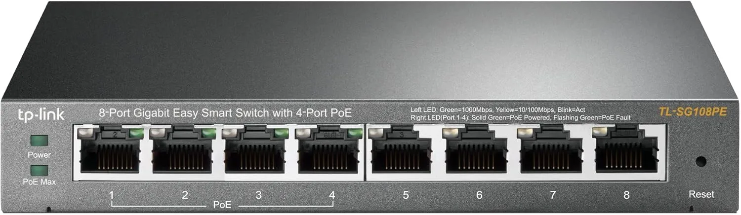 TP-Link TL-SG108PE, 8 Port Gigabit PoE Switch, Easy Smart Managed, 4 PoE  Ports 64W, Plug & Play, Sturdy Metal w/ Shielded Ports, Fanless, QoS, Vlan & IGMP