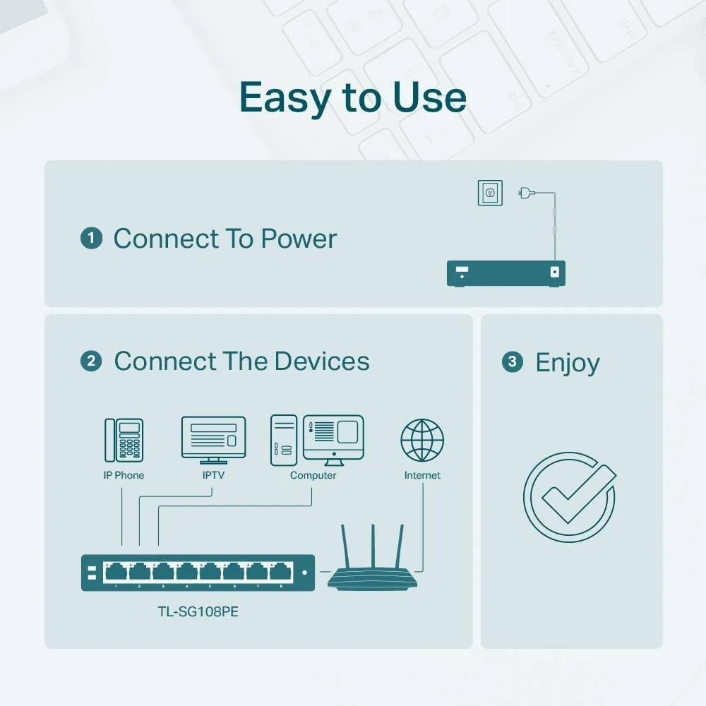 TP-Link TL-SG108PE, 8 Port Gigabit PoE Switch, Easy Smart Managed, 4 PoE  Ports 64W, Plug & Play, Sturdy Metal w/ Shielded Ports, Fanless, QoS, Vlan & IGMP