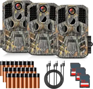 Trail Camera 3 Pack 30MP 1920P HD Game Camera with SD Cards, 0.2s Trigger Time Infrared Night Vision Motion Activated Hunting Cam, IP66 Waterproof 2.0''LCD Wildlife Camera for Monitoring