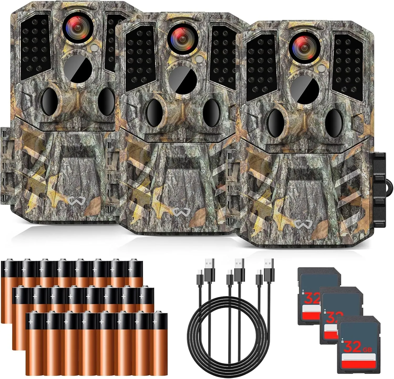 Trail Camera 3 Pack 30MP 1920P HD Game Camera with SD Cards, 0.2s Trigger Time Infrared Night Vision Motion Activated Hunting Cam, IP66 Waterproof 2.0''LCD Wildlife Camera for Monitoring