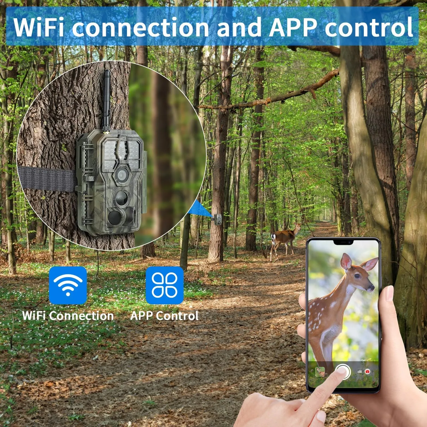 Trail Camera, WiFi 32MP 1296P Deer Hunting Trail Wildlife Game Surveillance Camera with Night Vision Motion Activated Waterproof No Glow 0.1s Trigger Speed Motion Activated, 82ft Infrared & IP66
