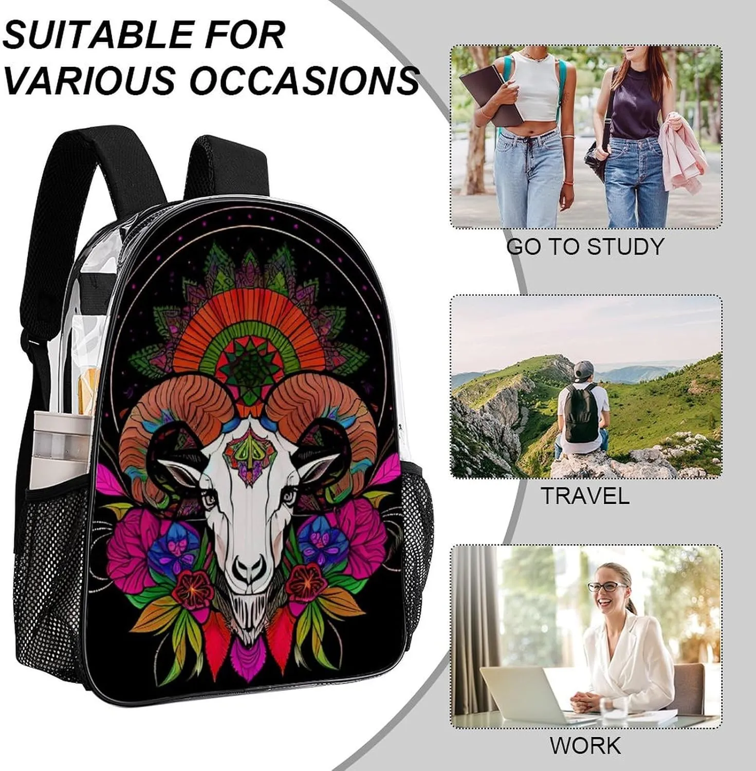 Transparent Daypack Backpack for Sports Travel Running - Big Capacity Anti-Theft Multipurpose Carry On Bag, Psychedelic Goat Skull Art Laptop Book Bag Rucksack