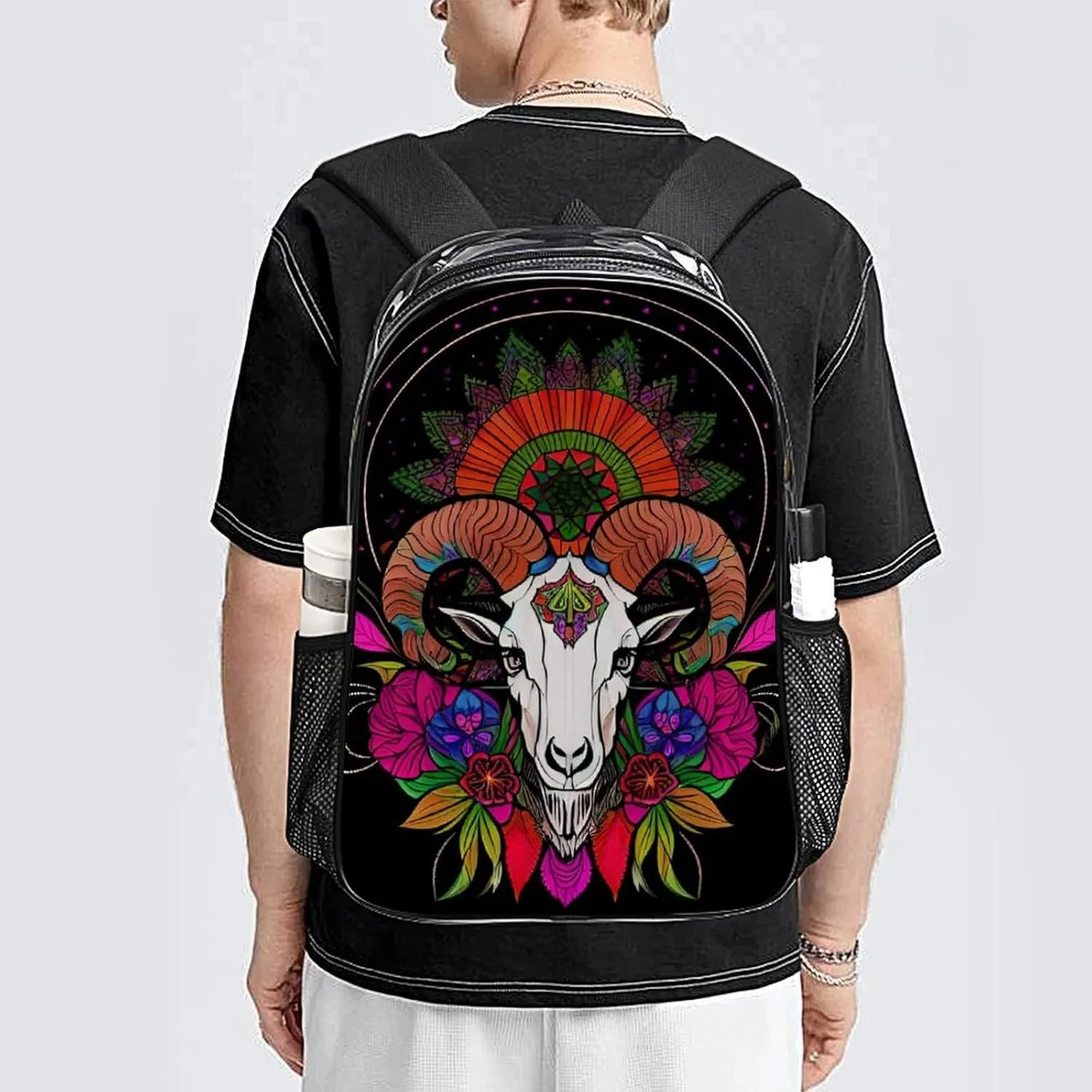 Transparent Daypack Backpack for Sports Travel Running - Big Capacity Anti-Theft Multipurpose Carry On Bag, Psychedelic Goat Skull Art Laptop Book Bag Rucksack