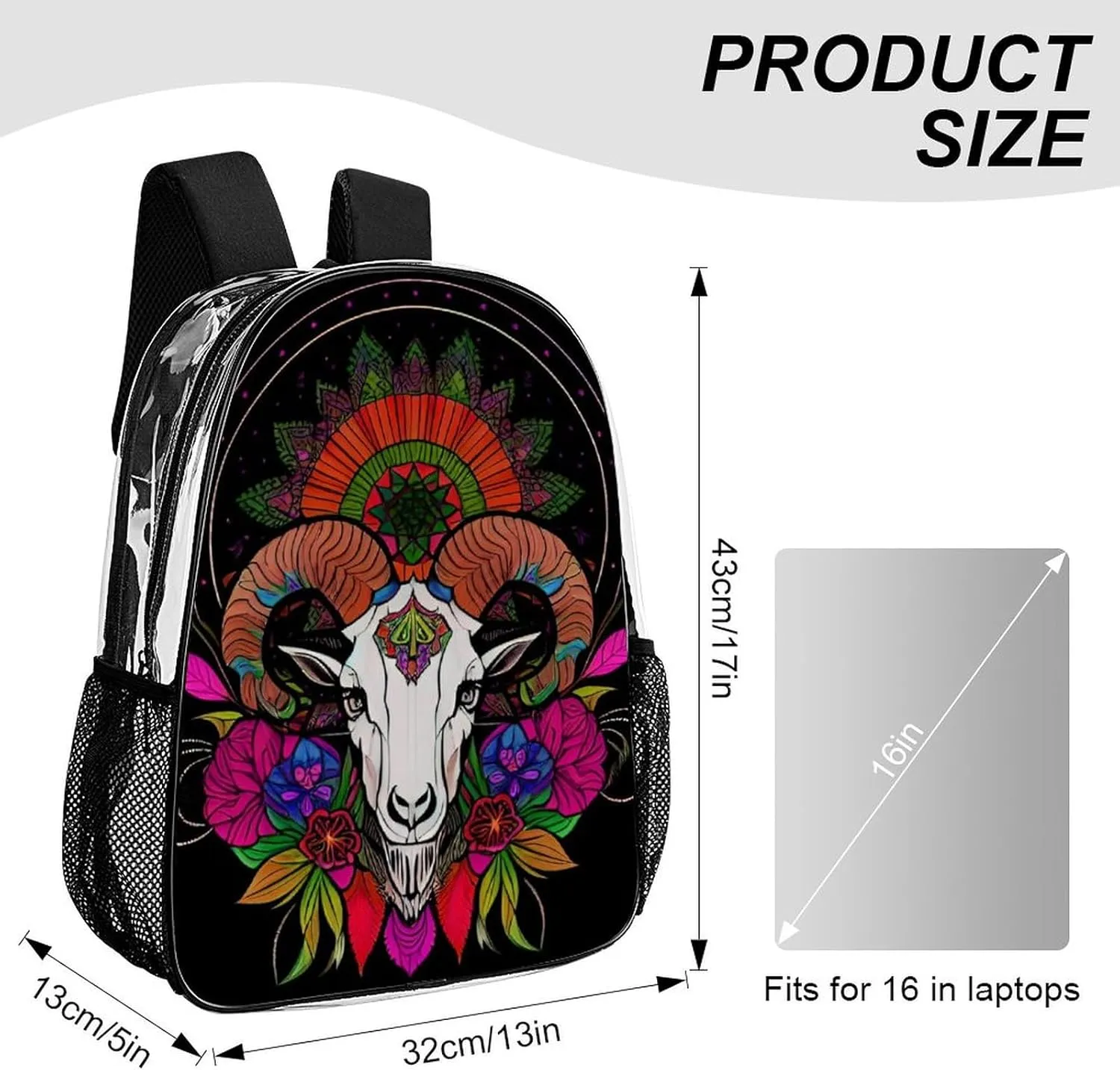 Transparent Daypack Backpack for Sports Travel Running - Big Capacity Anti-Theft Multipurpose Carry On Bag, Psychedelic Goat Skull Art Laptop Book Bag Rucksack