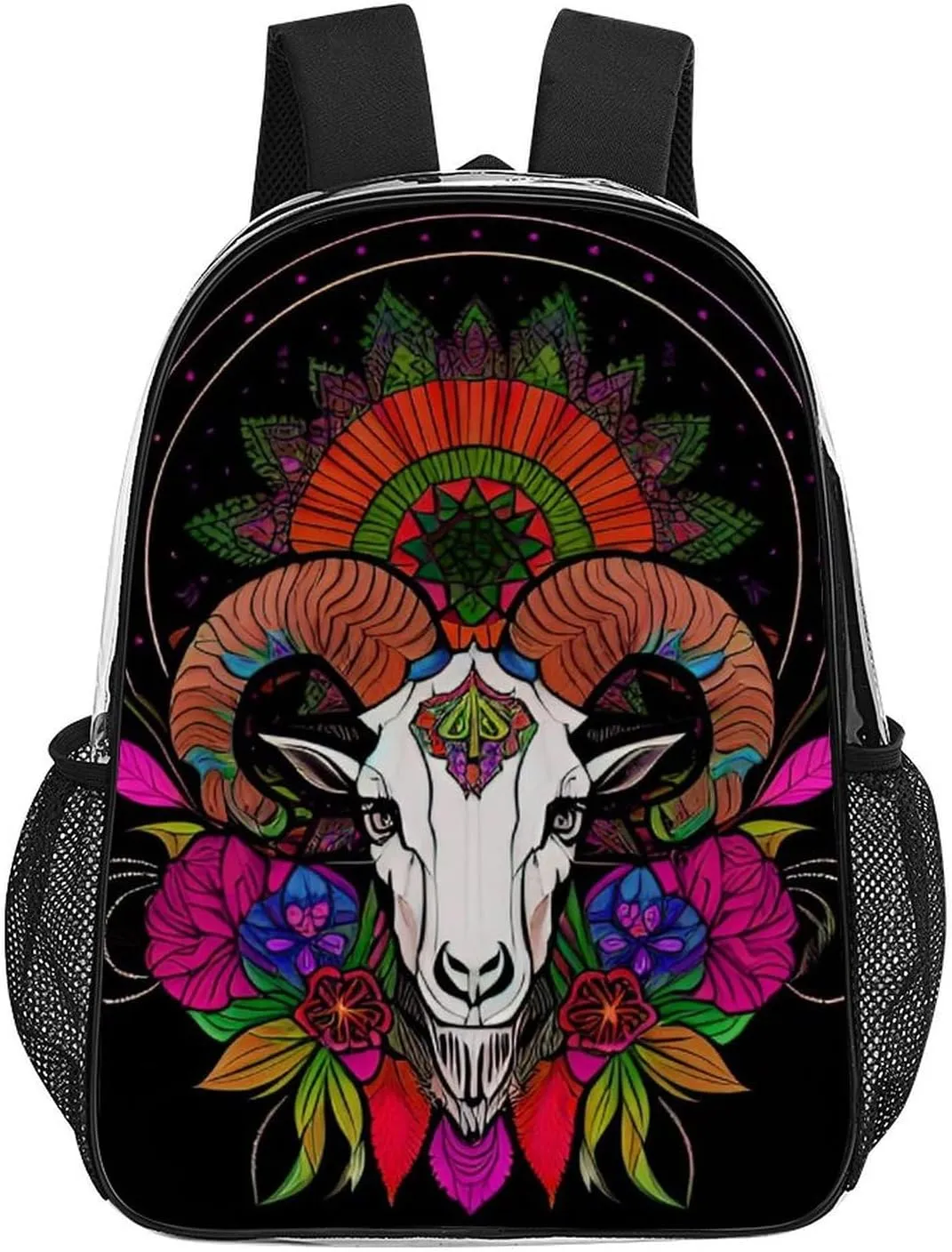 Transparent Daypack Backpack for Sports Travel Running - Big Capacity Anti-Theft Multipurpose Carry On Bag, Psychedelic Goat Skull Art Laptop Book Bag Rucksack