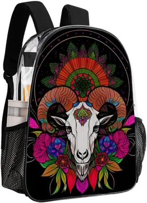 Transparent Daypack Backpack for Sports Travel Running - Big Capacity Anti-Theft Multipurpose Carry On Bag, Psychedelic Goat Skull Art Laptop Book Bag Rucksack