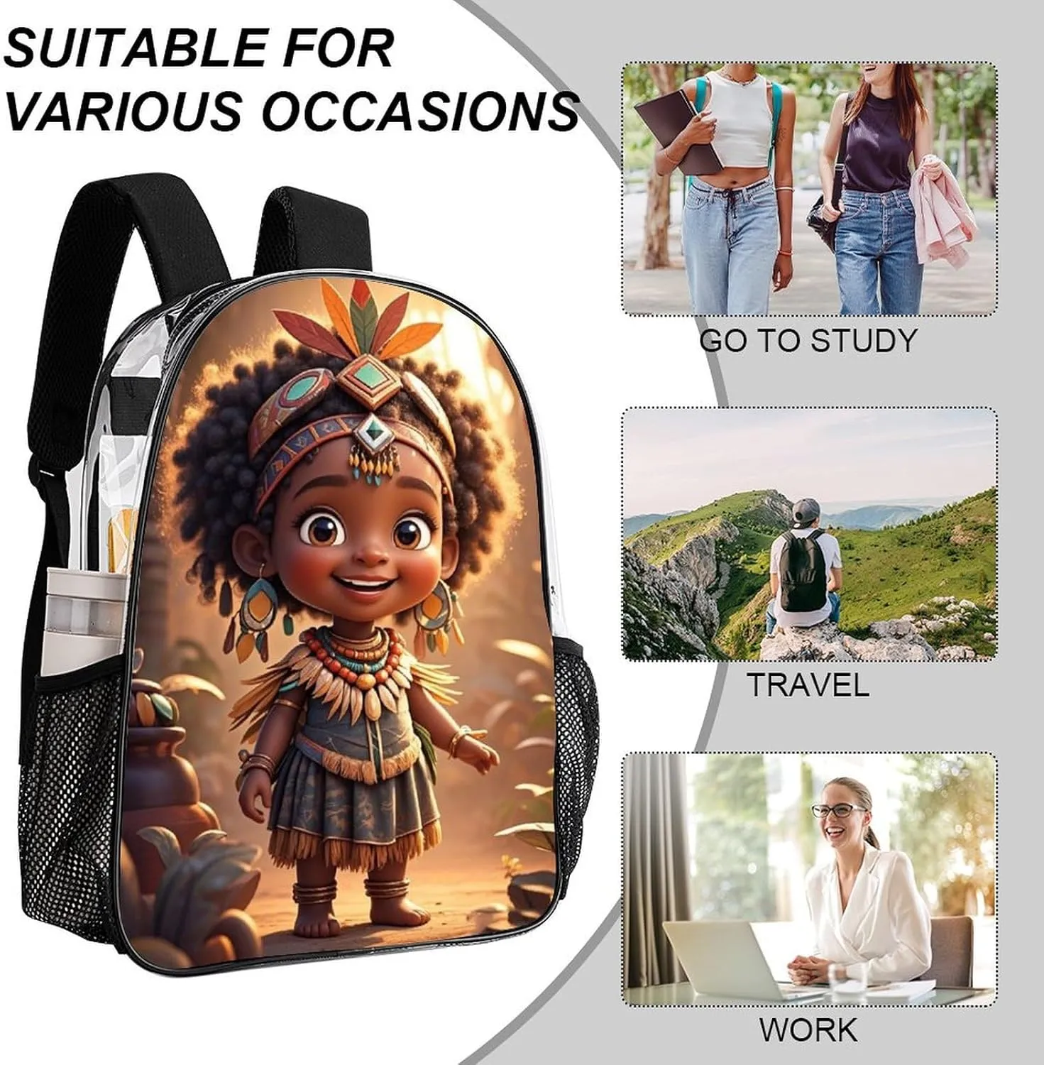 Transparent Daypack Bookbag for Gym Business Bicycle - Large Capacity Multipurpose Anti-Theft Carry On Bag, Vintage Afro American Black Women Tribal Art Travel Hiking Daypack