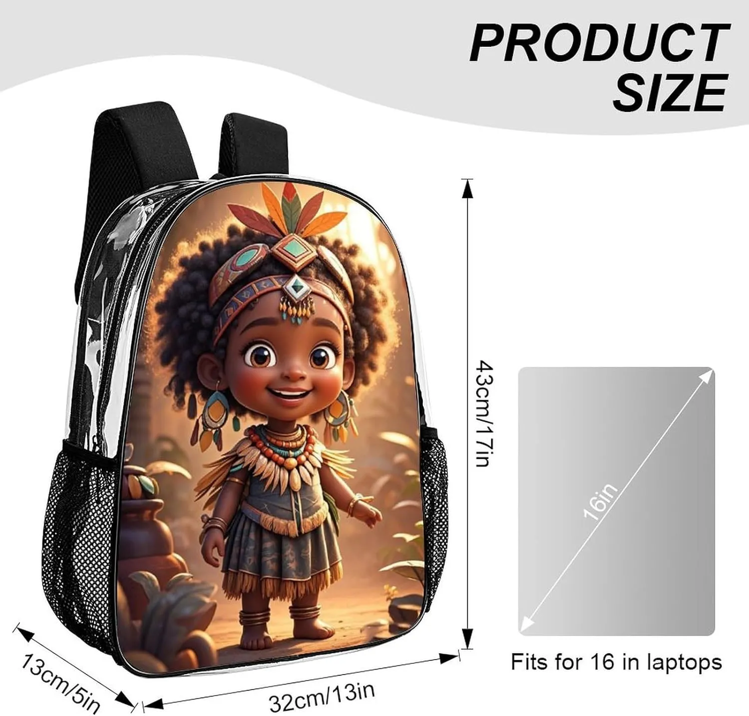 Transparent Daypack Bookbag for Gym Business Bicycle - Large Capacity Multipurpose Anti-Theft Carry On Bag, Vintage Afro American Black Women Tribal Art Travel Hiking Daypack