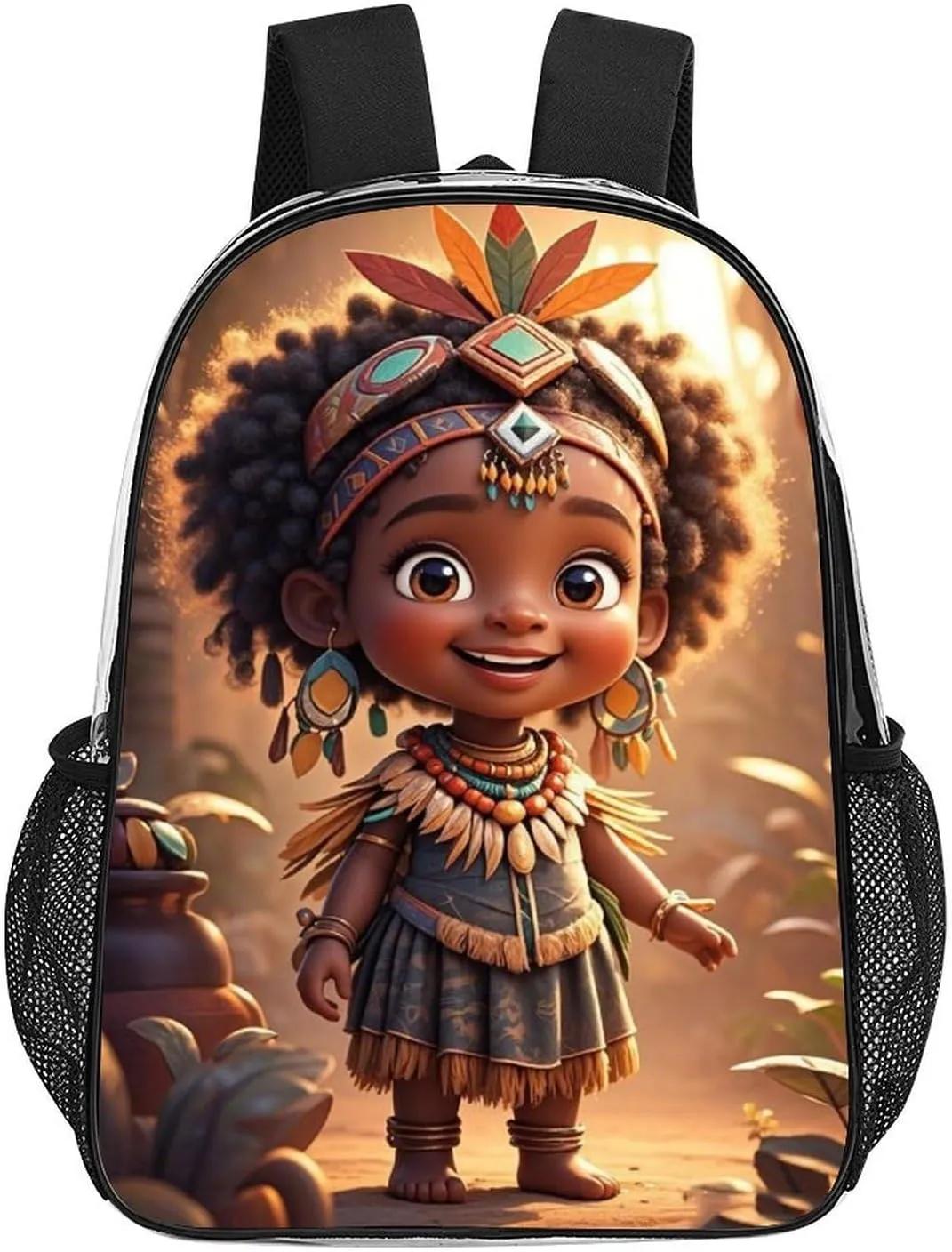 Transparent Daypack Bookbag for Gym Business Bicycle - Large Capacity Multipurpose Anti-Theft Carry On Bag, Vintage Afro American Black Women Tribal Art Travel Hiking Daypack