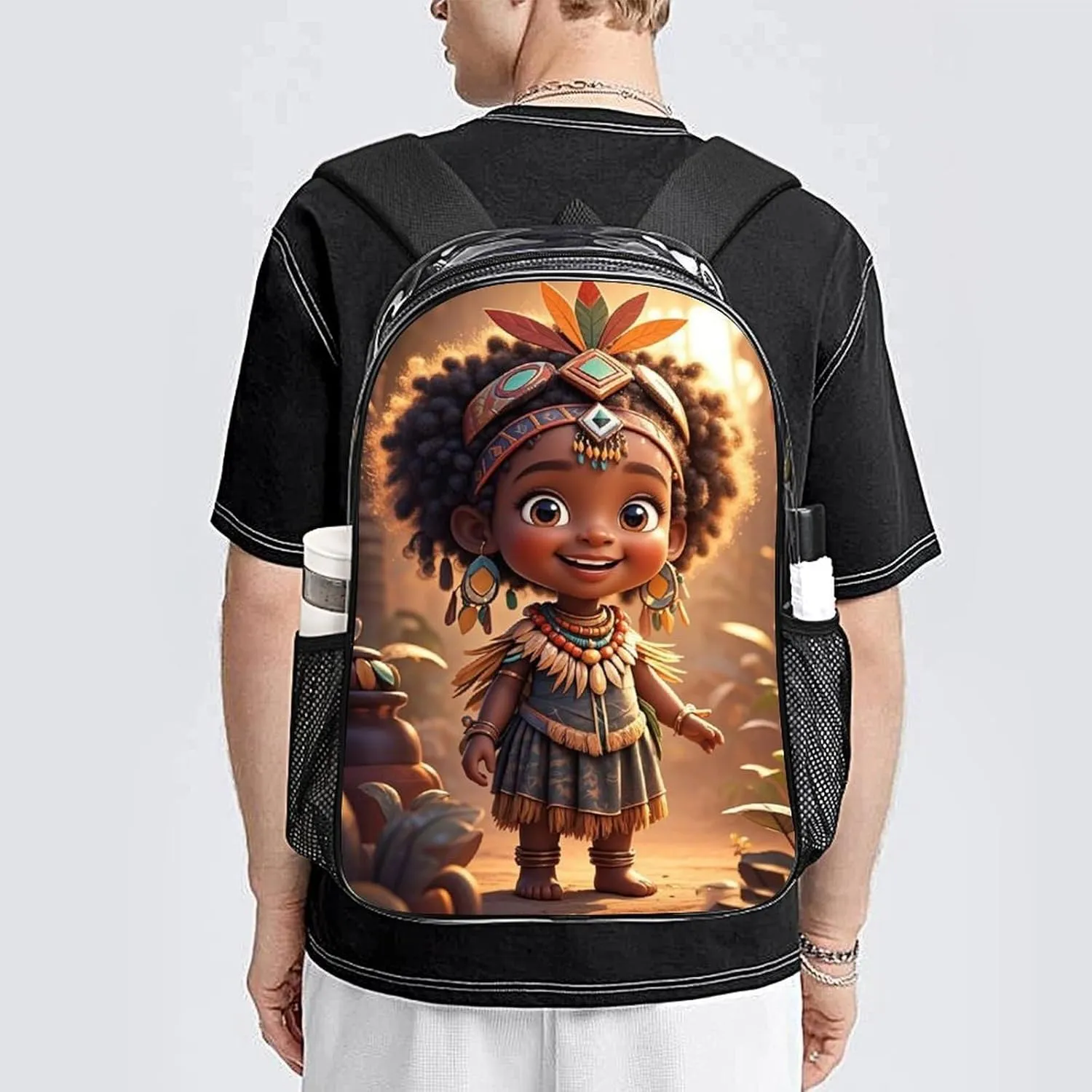 Transparent Daypack Bookbag for Gym Business Bicycle - Large Capacity Multipurpose Anti-Theft Carry On Bag, Vintage Afro American Black Women Tribal Art Travel Hiking Daypack