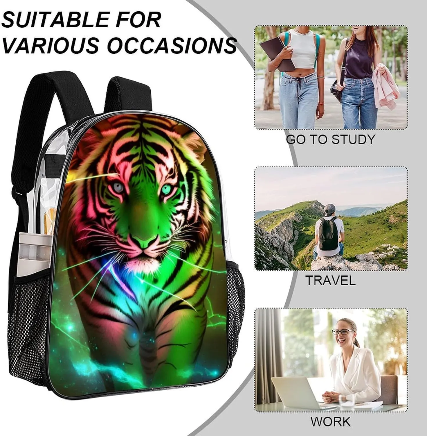 Transparent Daypack for Camping Travel Walking Cycling - Big Capacity Anti-Theft Multipurpose Bookbag, Beautiful Wild Animal Tiger Abstract Art Camping Outdoor Backpack