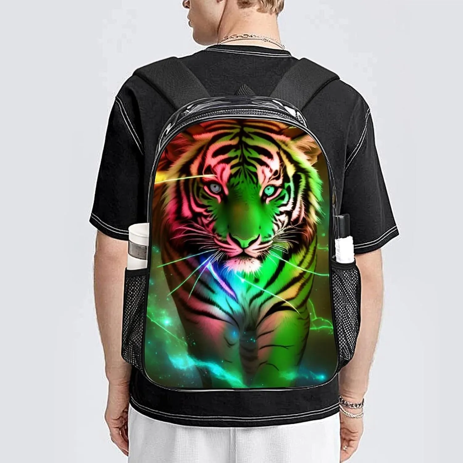 Transparent Daypack for Camping Travel Walking Cycling - Big Capacity Anti-Theft Multipurpose Bookbag, Beautiful Wild Animal Tiger Abstract Art Camping Outdoor Backpack