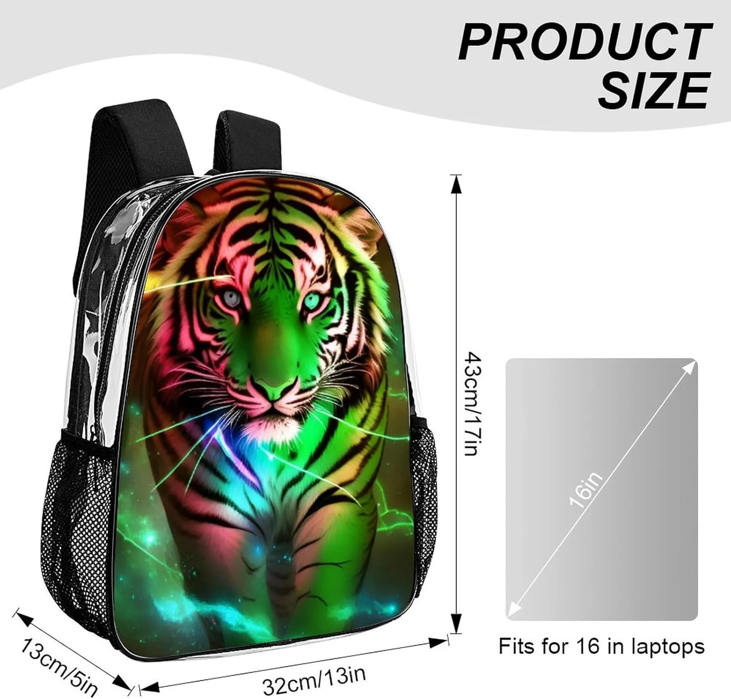 Transparent Daypack for Camping Travel Walking Cycling - Big Capacity Anti-Theft Multipurpose Bookbag, Beautiful Wild Animal Tiger Abstract Art Camping Outdoor Backpack