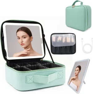 Travel Makeup Bag with LED Lighted Mirror,Cosmetics Organizer, Makeup Bag with 3 Color Lighted Setting, Portable Storage and Adjustable Dividers Travel Makeup Bag(light green)
