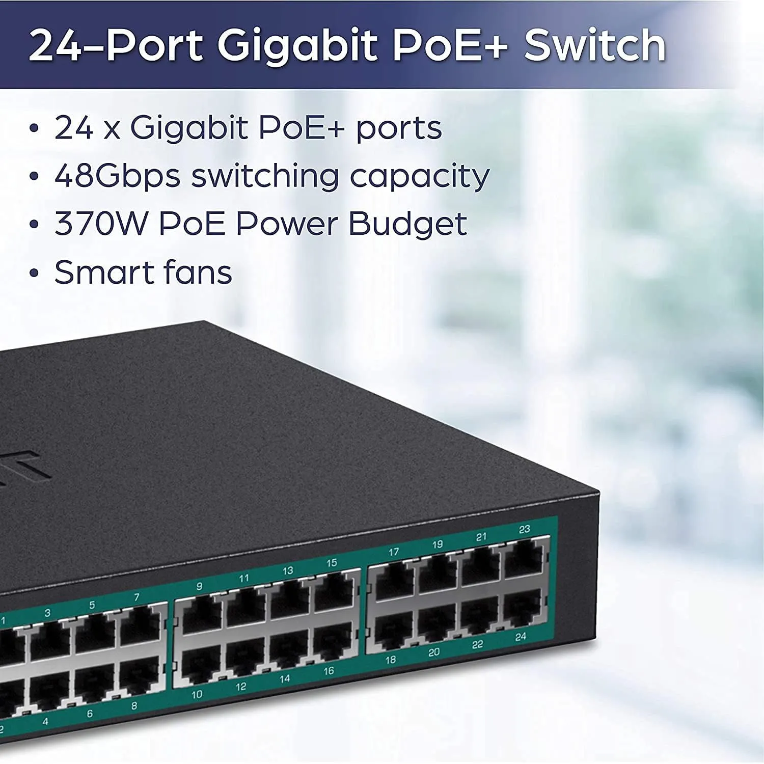 TRENDnet 24-Port Gigabit PoE  Switch, 24 x Gigabit PoE  Ports, 370W Power Budget, 48Gbps Switch Capacity, RackMount Kit Included, Ethernet Network Switch, Metal, Lifetime Protection, Black, TPE-TG240G