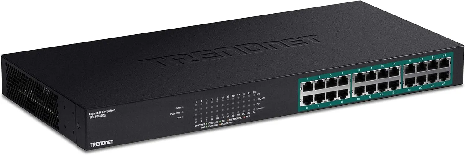 TRENDnet 24-Port Gigabit PoE  Switch, 24 x Gigabit PoE  Ports, 370W Power Budget, 48Gbps Switch Capacity, RackMount Kit Included, Ethernet Network Switch, Metal, Lifetime Protection, Black, TPE-TG240G