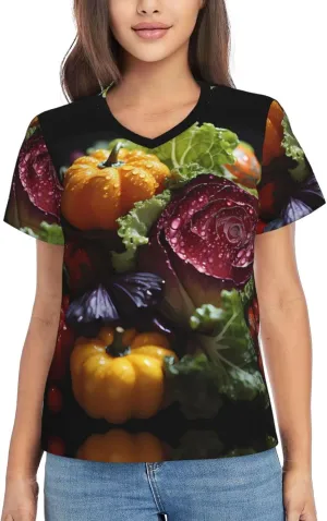 Trendy Women's V-Neck T-Shirt â€“ Classic Fresh Cabbage Print Tee for Work, Daily, Travel, Running, Home Wear