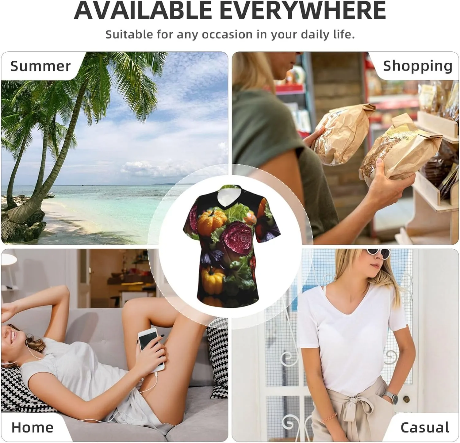 Trendy Women's V-Neck T-Shirt â€“ Classic Fresh Cabbage Print Tee for Work, Daily, Travel, Running, Home Wear