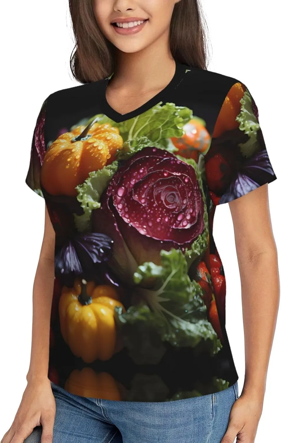 Trendy Women's V-Neck T-Shirt â€“ Classic Fresh Cabbage Print Tee for Work, Daily, Travel, Running, Home Wear