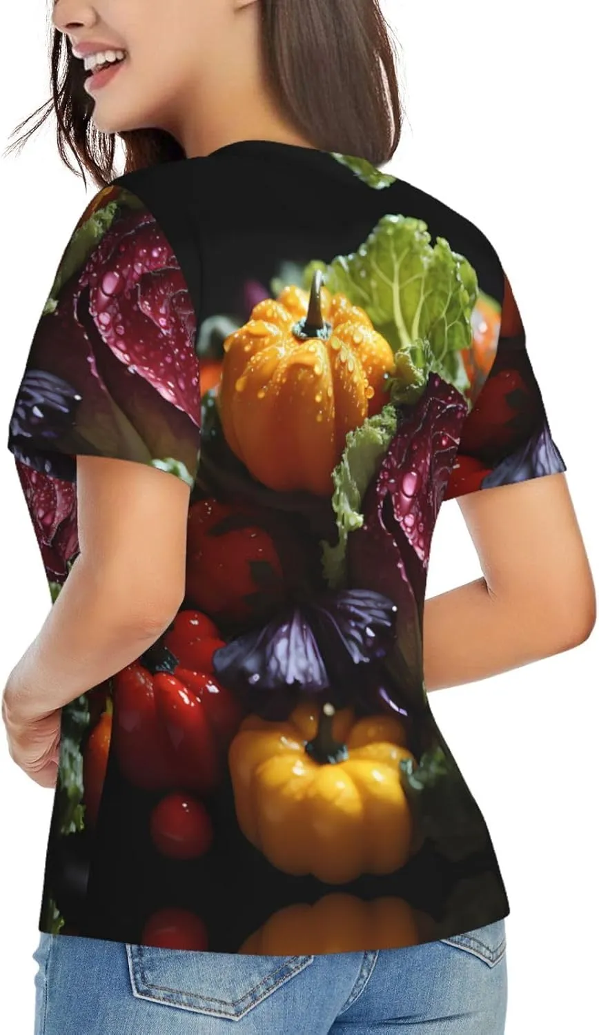 Trendy Women's V-Neck T-Shirt â€“ Classic Fresh Cabbage Print Tee for Work, Daily, Travel, Running, Home Wear