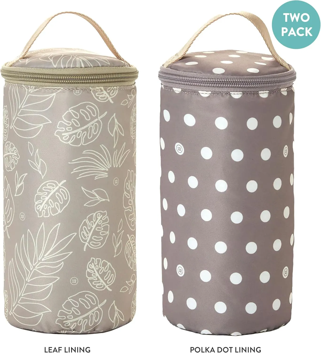 TWELVElittle Insulated Bottle Pouch, Portable Baby Bottle Practical Cooler Bag, Portable Travel Bottle Warmer for On-The-Go Convenience, Breastmilk Storage Bag, 2-Pack, Leaf & Polka Dot, AC131LE PD
