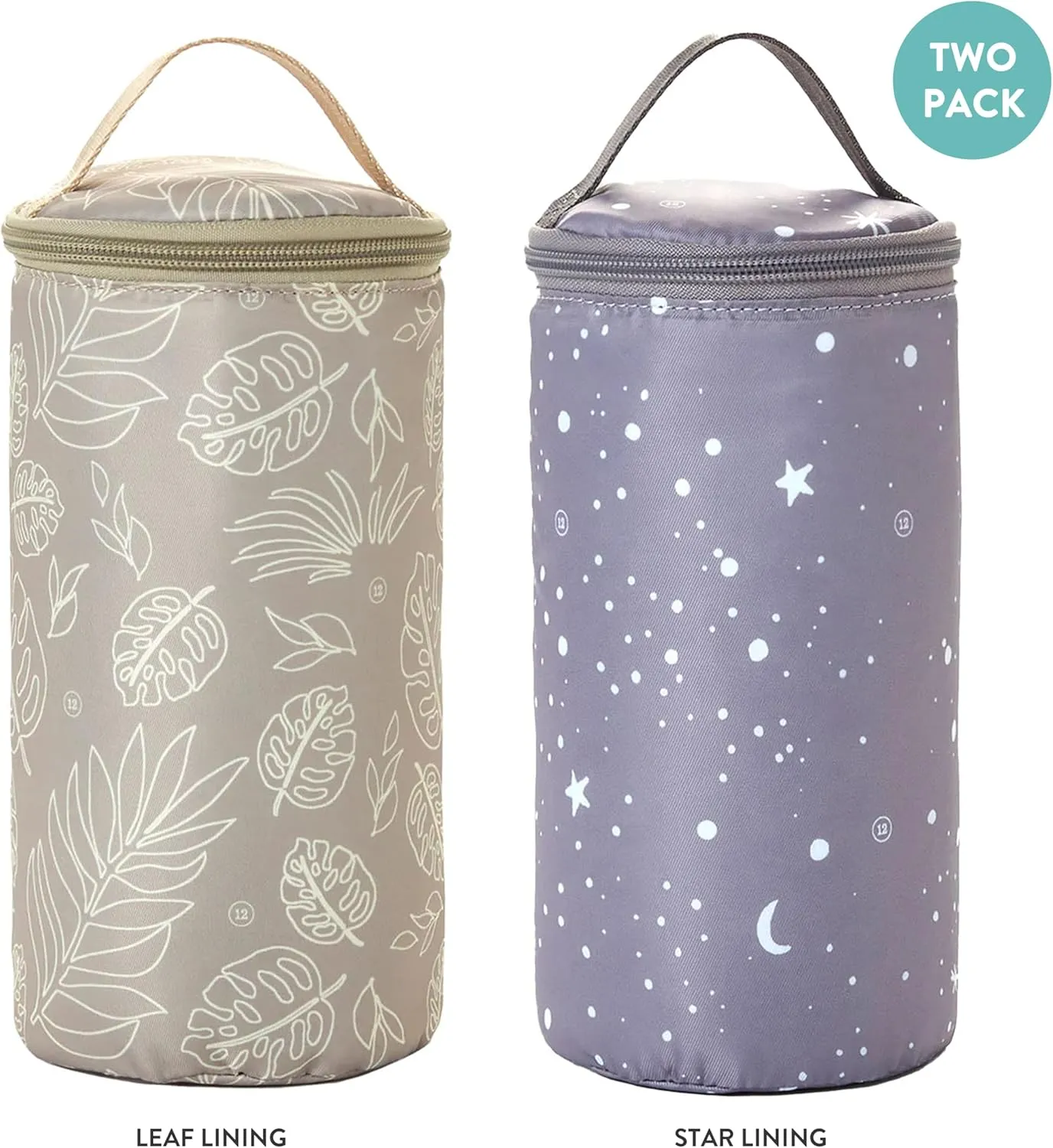 TWELVElittle Insulated Bottle Pouch, Portable Baby Bottle Practical Cooler Bag, Portable Travel Bottle Warmer for On-The-Go Convenience, Breastmilk Storage Bag, 2-Pack, Star & Leaf Print, AC131ST LE
