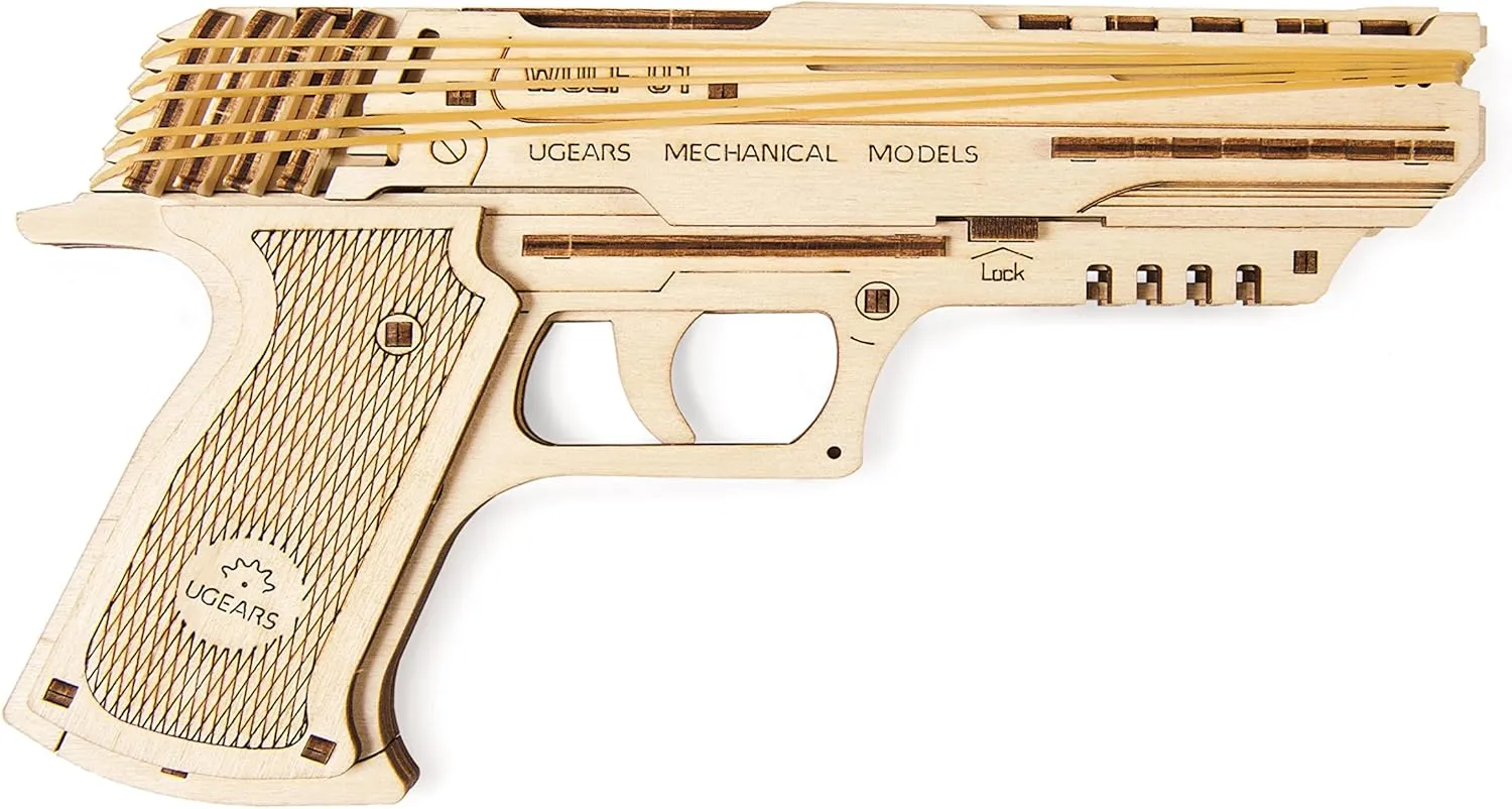 UGEARS Wolf-01 Handgun Wooden Mechanical 3D Brainteaser Best Gift Puzzle for Adults and Teens