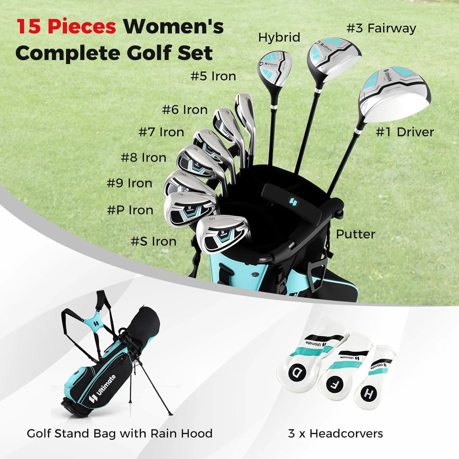 ULTIMATE Women's Complete Golf Clubs Set w/Stand Bag, 460CC #1 Driver, #3 Fairway, Hybrid, #5#6#7#8#9#P #S Irons, Putter & Headcovers, Womens Golf Clubs Full Set - Right Handed