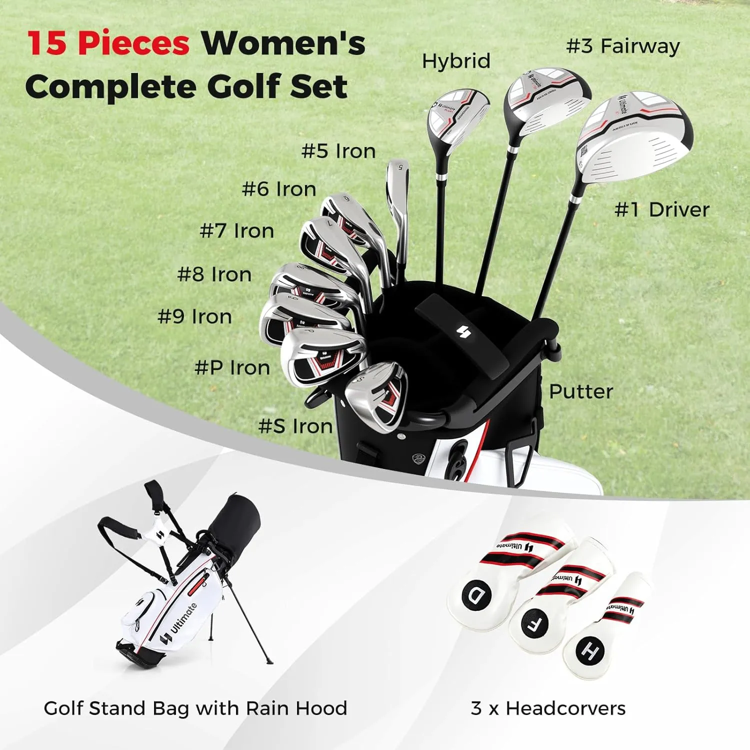 ULTIMATE Women's Complete Golf Clubs Set w/Stand Bag, 460CC #1 Driver, #3 Fairway, Hybrid, #5#6#7#8#9#P #S Irons, Putter & Headcovers, Womens Golf Clubs Full Set - Right Handed