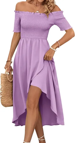 Umenlele Women's Off Shoulder Smocked Wrap Asymmetric Swing Hem Short Sleeve Summer Midi Dress