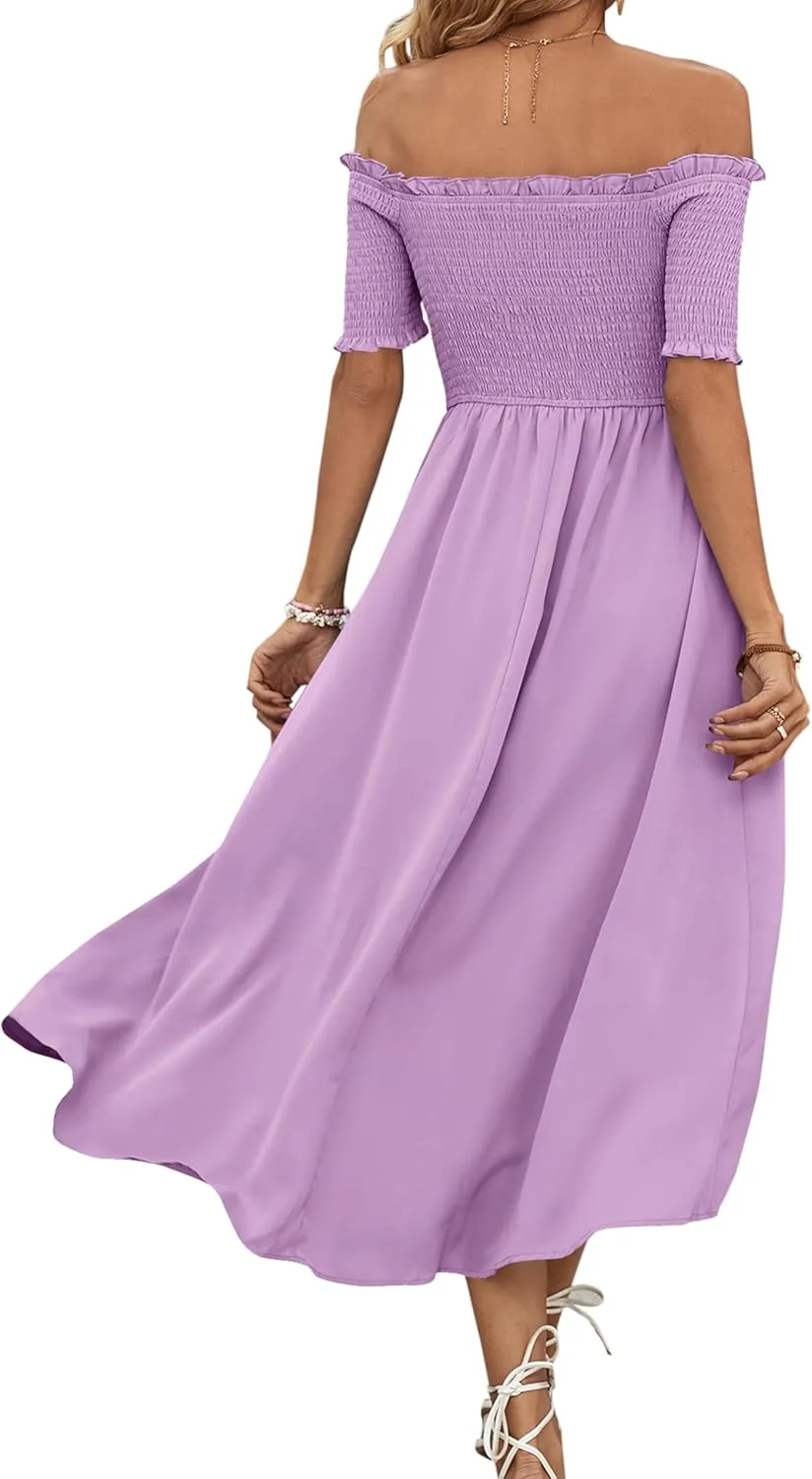 Umenlele Women's Off Shoulder Smocked Wrap Asymmetric Swing Hem Short Sleeve Summer Midi Dress