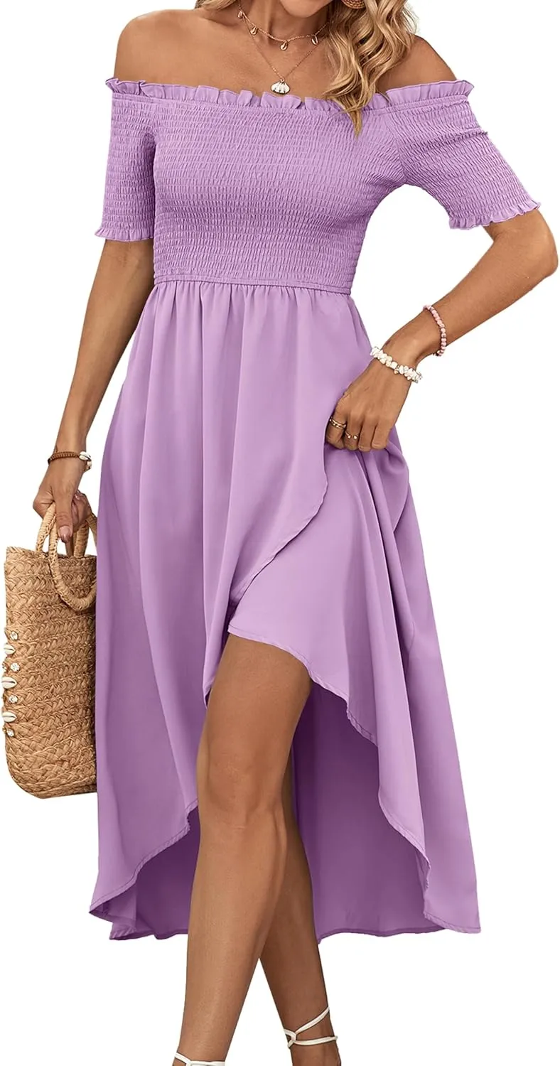 Umenlele Women's Off Shoulder Smocked Wrap Asymmetric Swing Hem Short Sleeve Summer Midi Dress