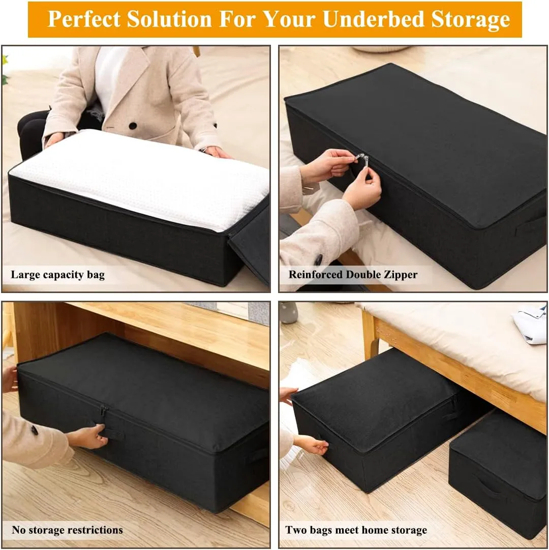 Under Bed Storage Container, 3 Pack Underbed Storage Bags With Lid, Foldable Sturdy Clothes Storage Organizer W/ 3 Handles, Ultra Thick Fabric Blanket Shoe Storage Box, 30x15x6.7inch, Black, 50L