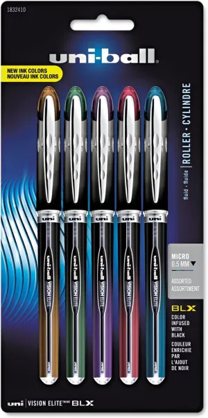 Uniball Vision Elite BLX Rollerball Pens, Assorted Pens Pack of 5, Micro Pens with 0.5mm Ink