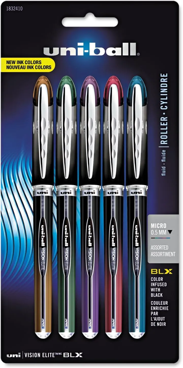 Uniball Vision Elite BLX Rollerball Pens, Assorted Pens Pack of 5, Micro Pens with 0.5mm Ink