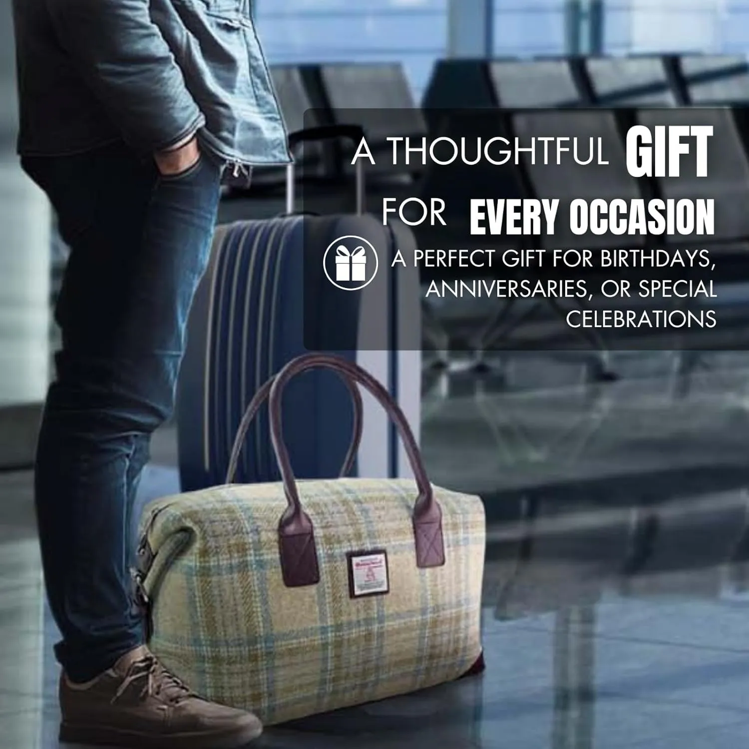 Unisex Harris Tweed Overnight Bag: Timeless Elegance Meets Unparalleled Functionality for Effortless Travel in Style (Muted Green & Purple Tartan)