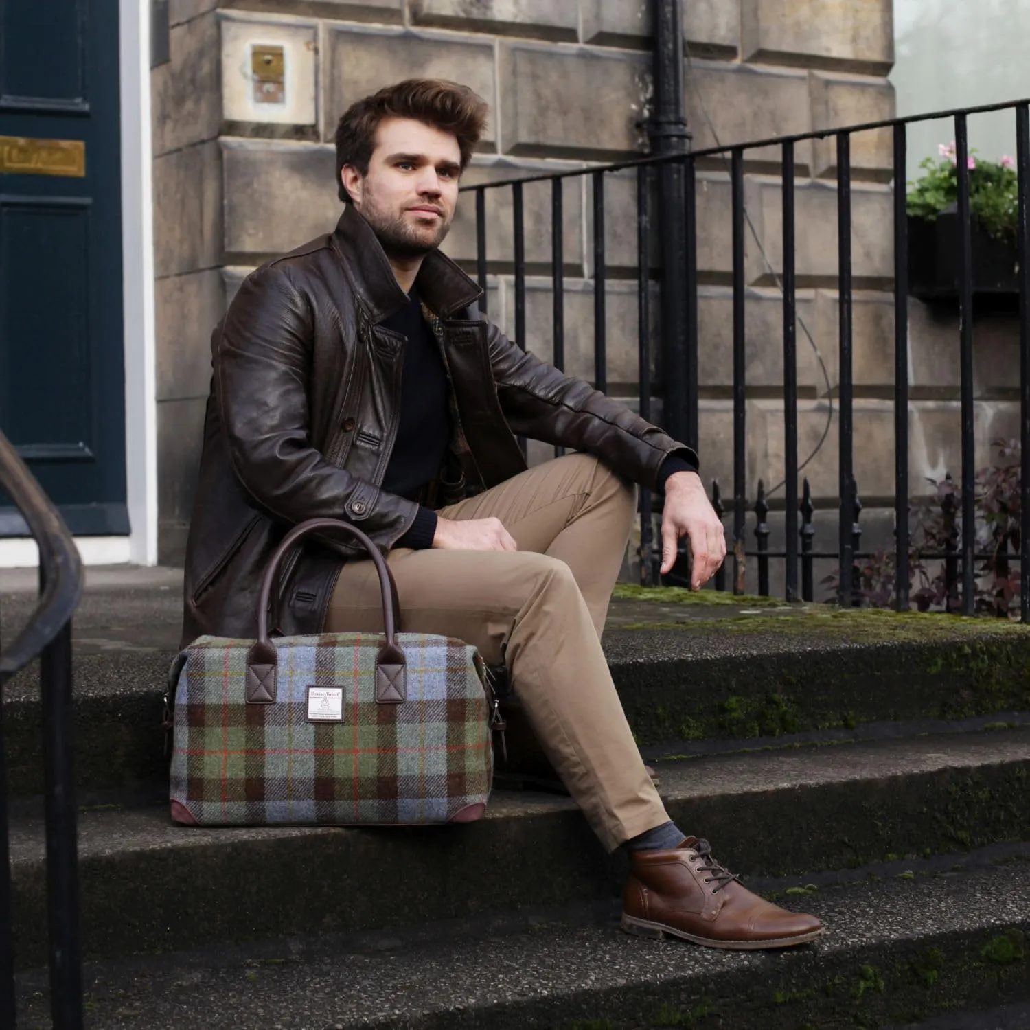 Unisex Harris Tweed Overnight Bag: Timeless Elegance Meets Unparalleled Functionality for Effortless Travel in Style (Muted Green & Purple Tartan)