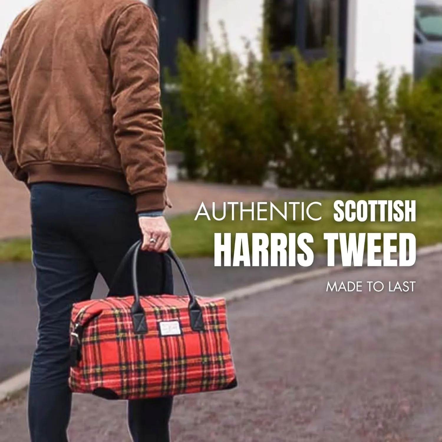 Unisex Harris Tweed Overnight Bag: Timeless Elegance Meets Unparalleled Functionality for Effortless Travel in Style (Muted Green & Purple Tartan)