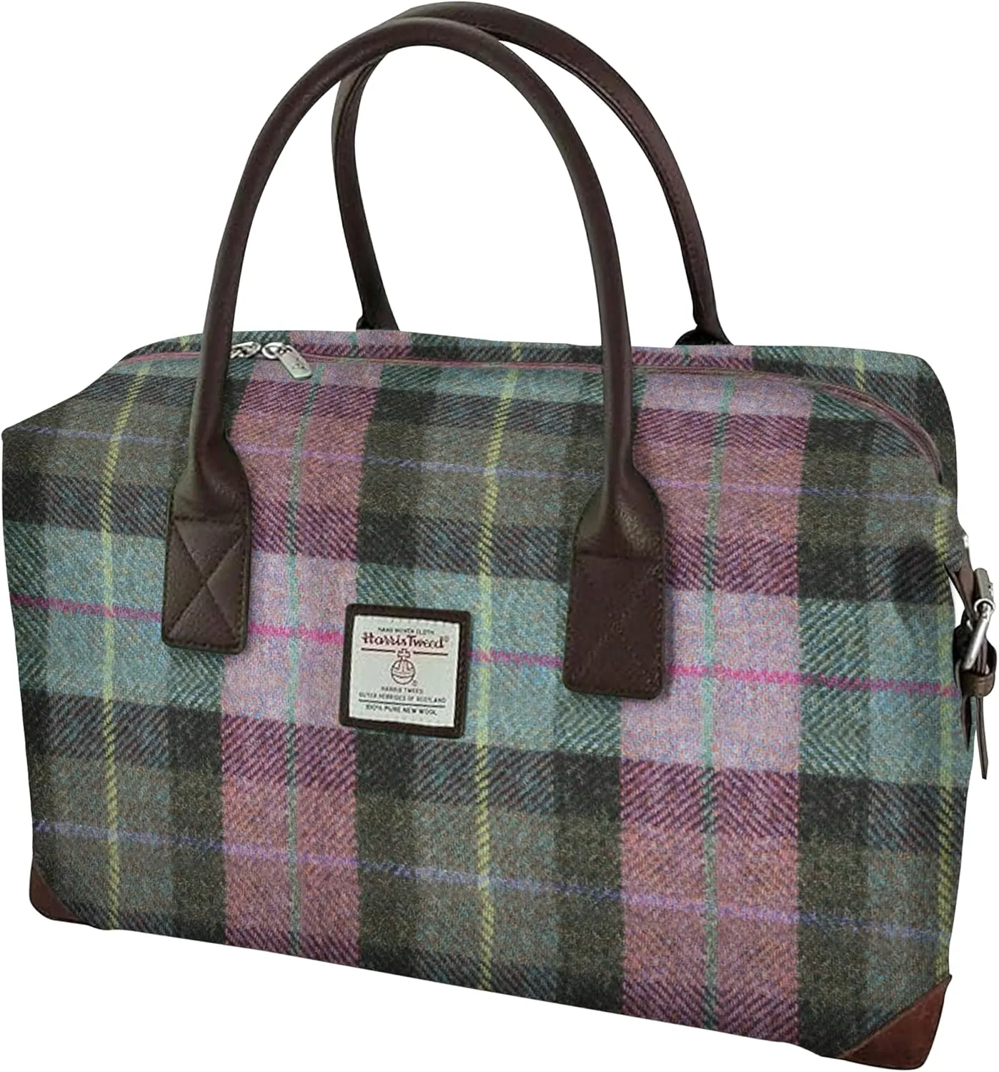 Unisex Harris Tweed Overnight Bag: Timeless Elegance Meets Unparalleled Functionality for Effortless Travel in Style (Muted Green & Purple Tartan)