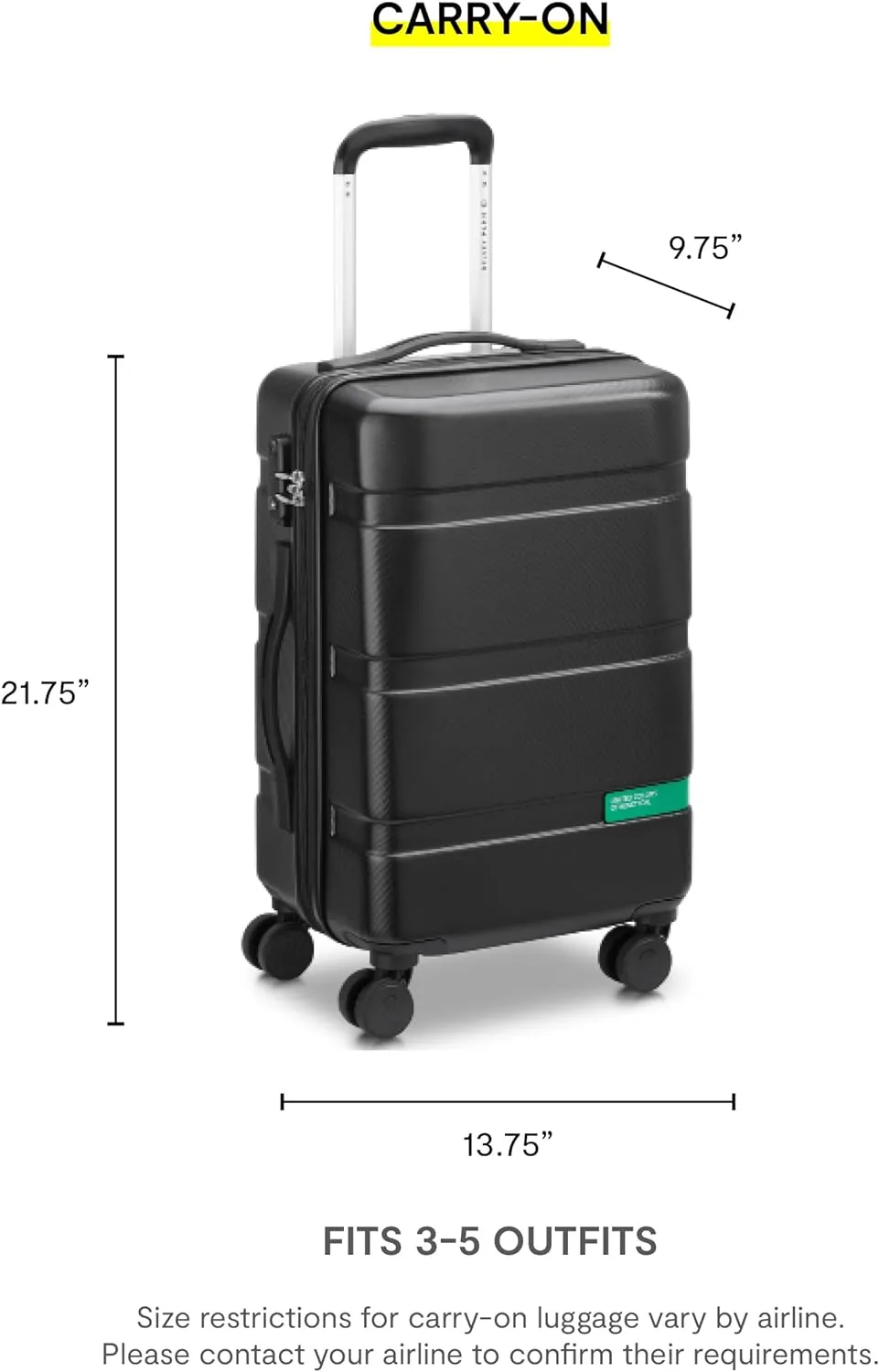 United Colors of Benetton Now Hardside Luggage with Spinner Wheels, Green, Carry-On 19 Inch