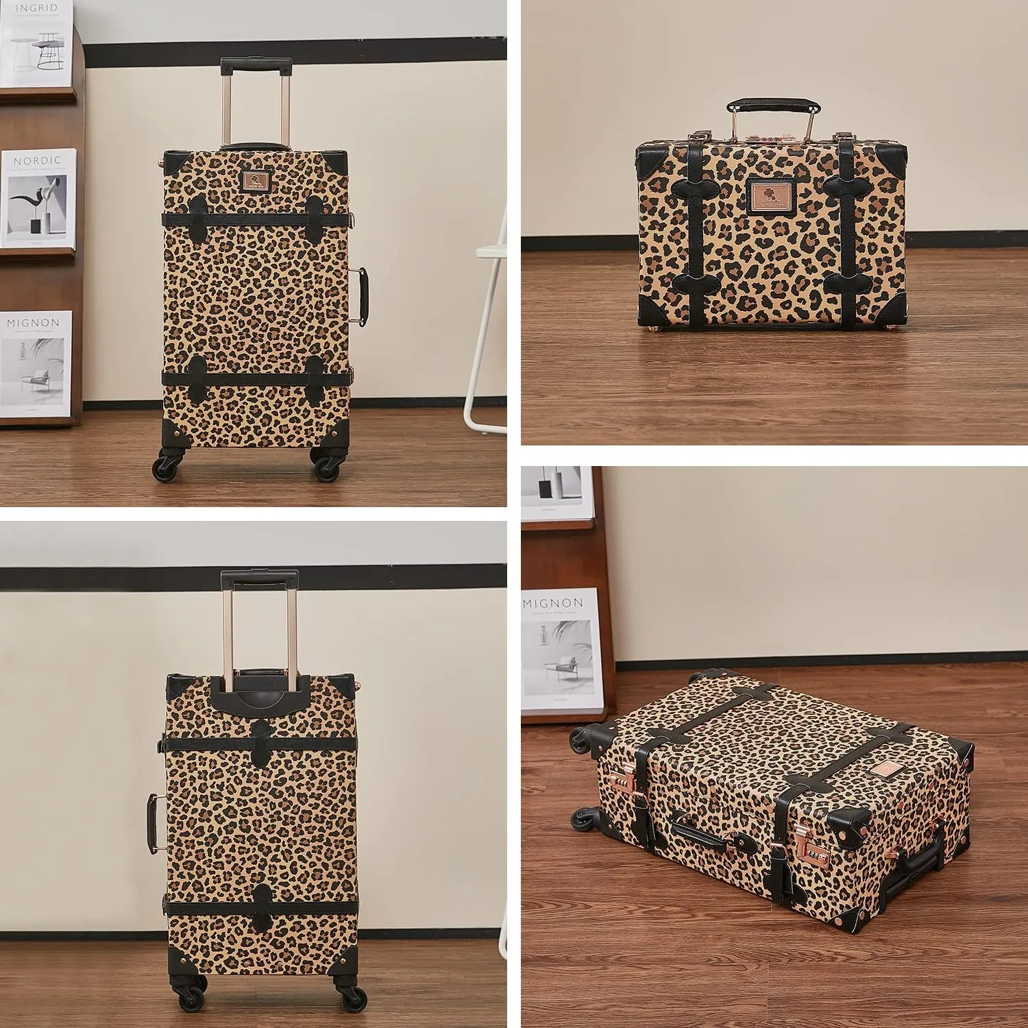 Unitravel 2 Piece Vintage Suitcase Set, 26inch Handmade Faux Leather Women Spinner Luggage with Cosmetic Train Case Handbag (Leopard)