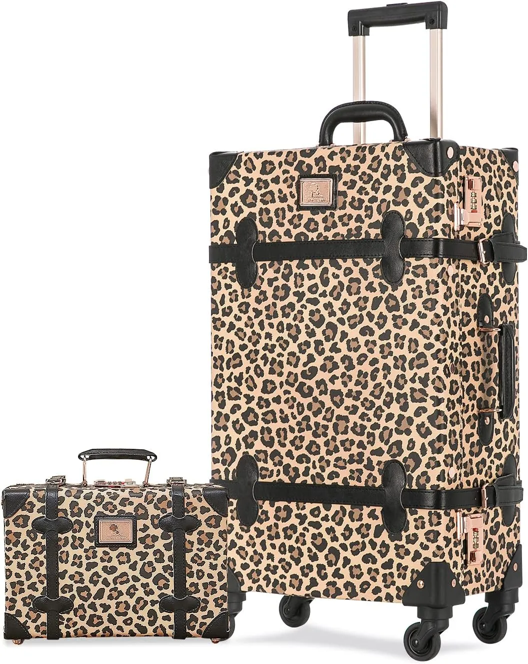 Unitravel 2 Piece Vintage Suitcase Set, 26inch Handmade Faux Leather Women Spinner Luggage with Cosmetic Train Case Handbag (Leopard)